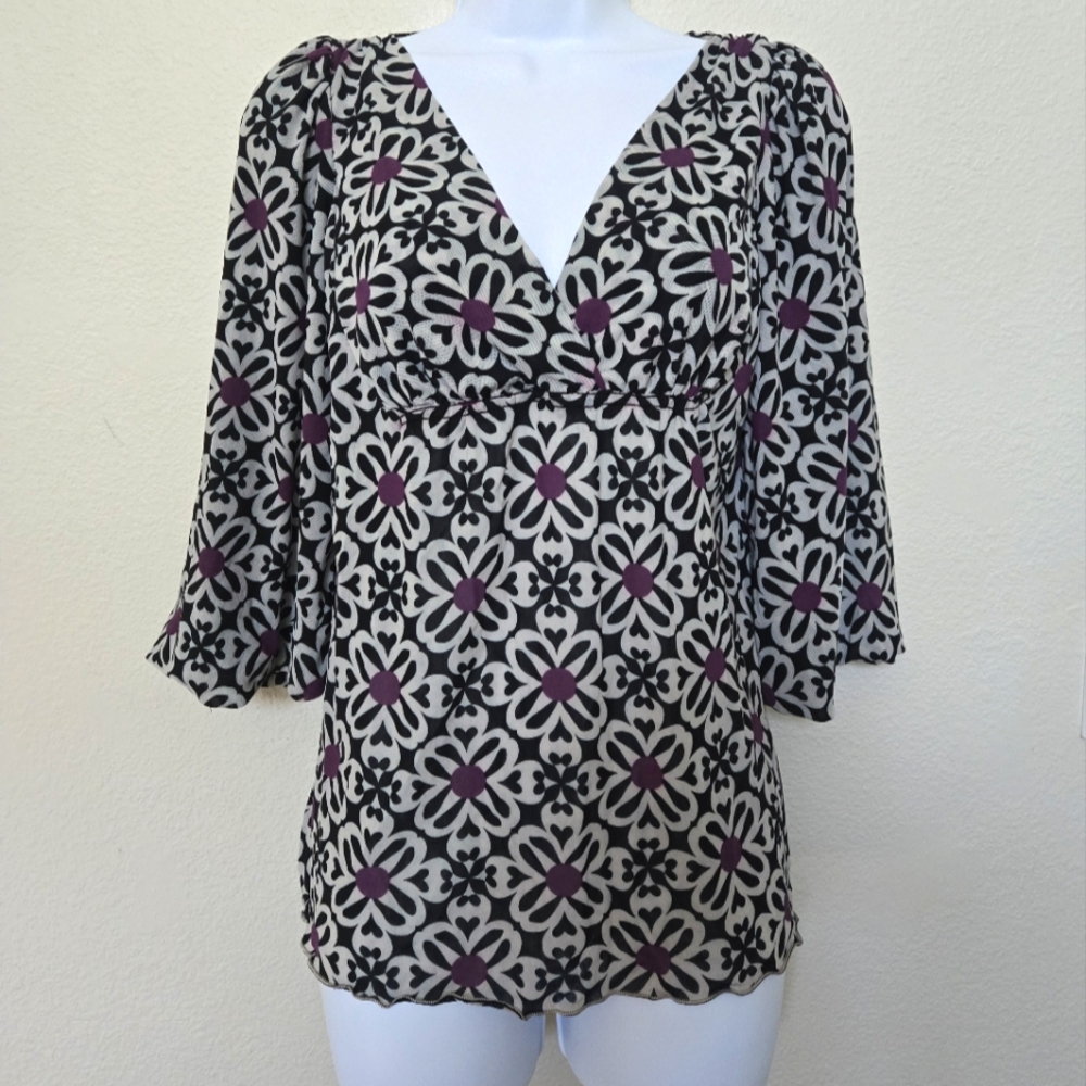 Vintage Y2K Sophie Max Floral V Neck Blouse Bell Sleeve Size small